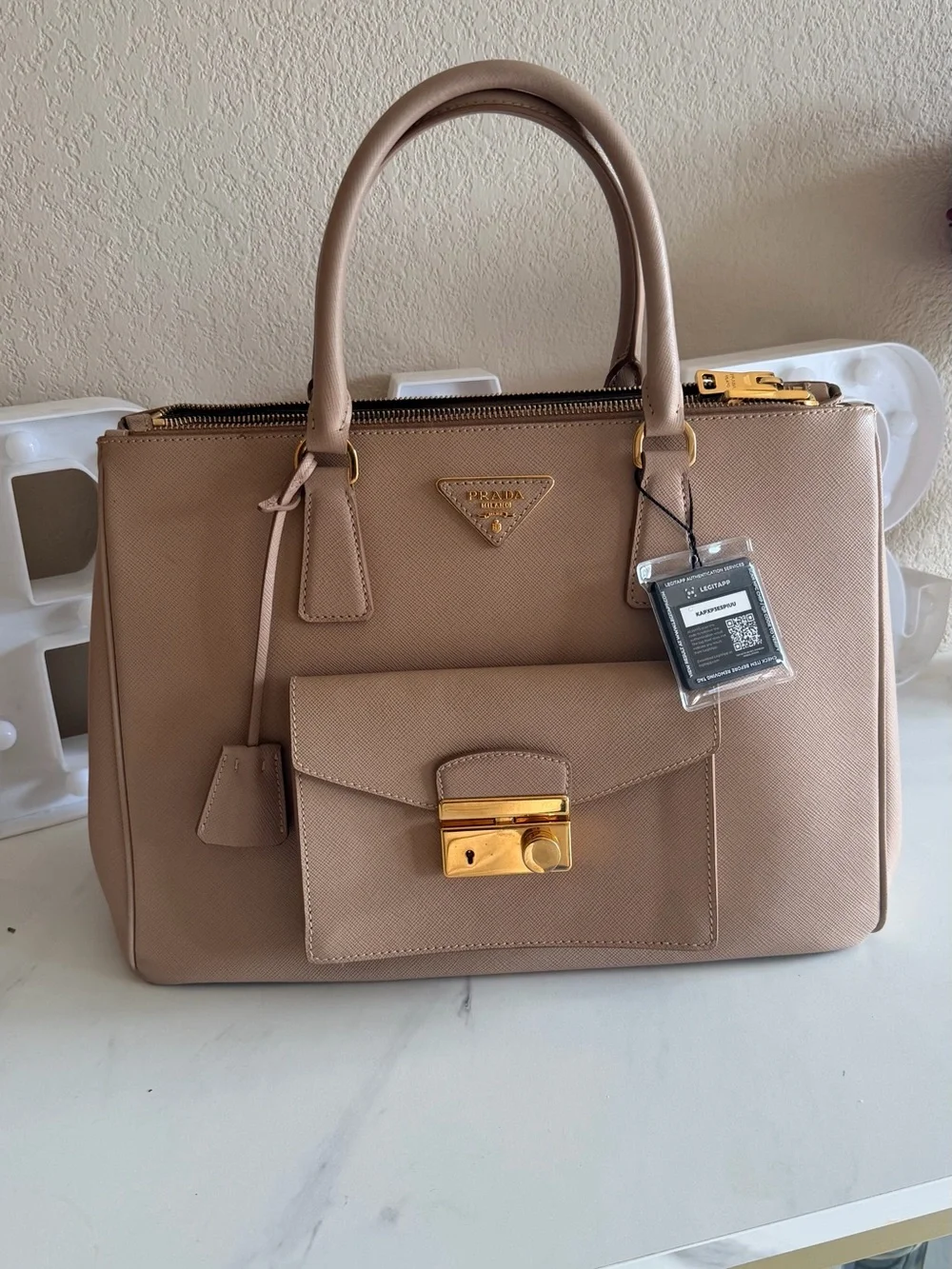 Prada Taupe Saffiano Leather Satchel with Gold Hardware